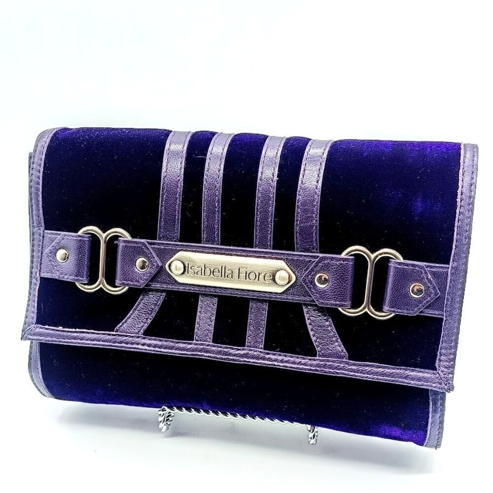 Isabella Fiore Purple Velvet & Leather Clutch